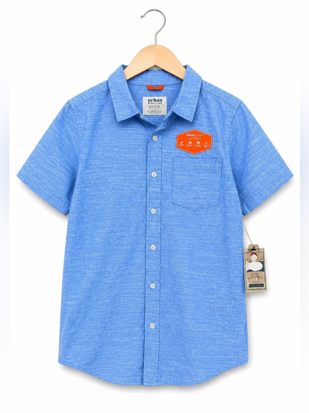 Urban Pipeline Boys Shirt Size L Maxwear Blue Poplin Short Sleeves Button Up NEW